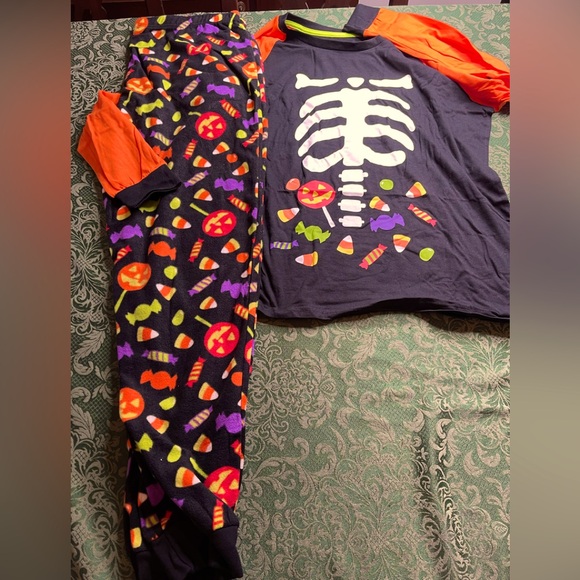 NWT L 12 14 glow in dark womens Celebrate halloween pajamas skeleton candy corn - Picture 1 of 7